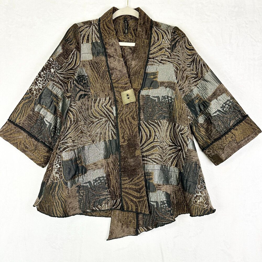IC By Connie K Patchwork Tapestry Kimono Jacket Size Medium Asymmetrical Animal